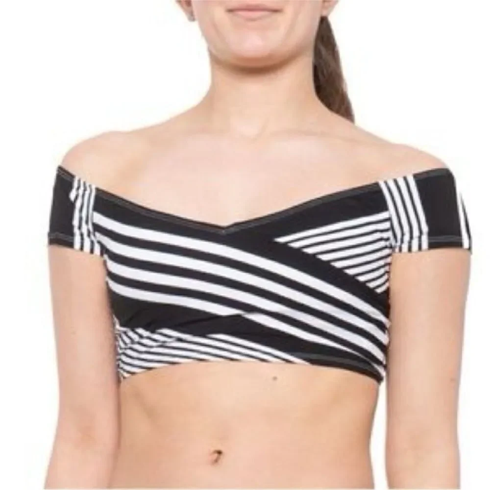 La Blanca NWT Off Shoulder Cap Sleeve Hipster Bikini Swimsuit Black/White 12